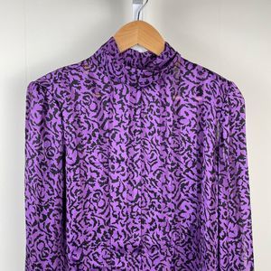Vintage Nicola Animal Print Purple Black‎ Turtleneck Blouse Top Pleated Size 8